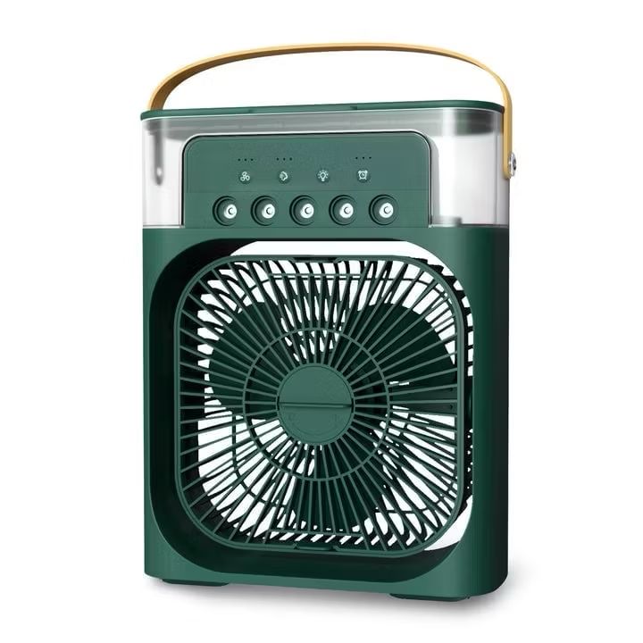Ventilatore Portatile LED Ricaricabile USB – Mini Fan da Campeggio Silenzioso con Batteria, Luce Integrata e Design Vintage Verde